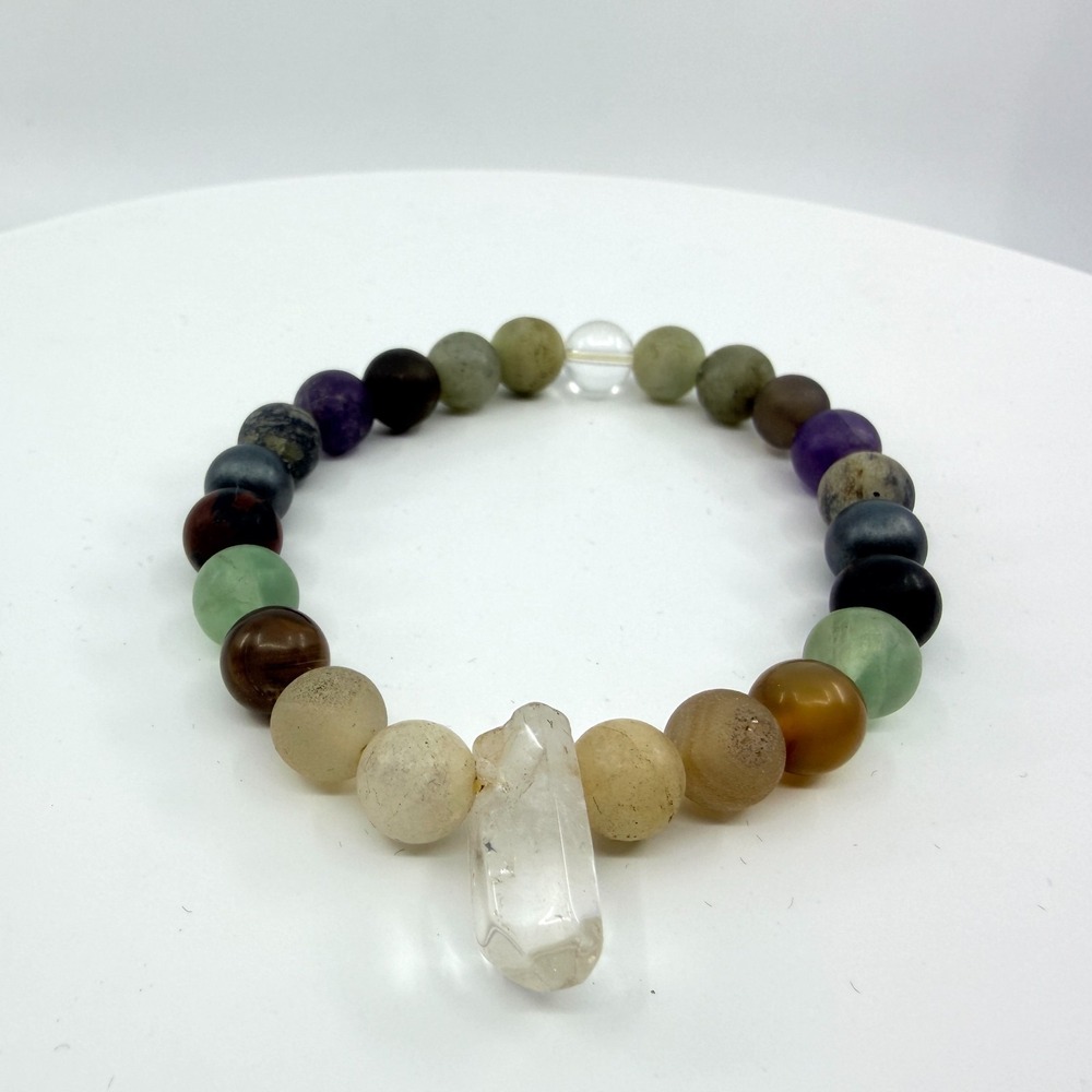 VTG Boho Multi Gemstone Stretch Bracelet with Raw Quartz Point Chakra